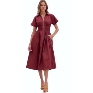 Style U Midi‎ Dress Women Small Plum Smocked Waist Zip Front Cotton Puff Sleeve